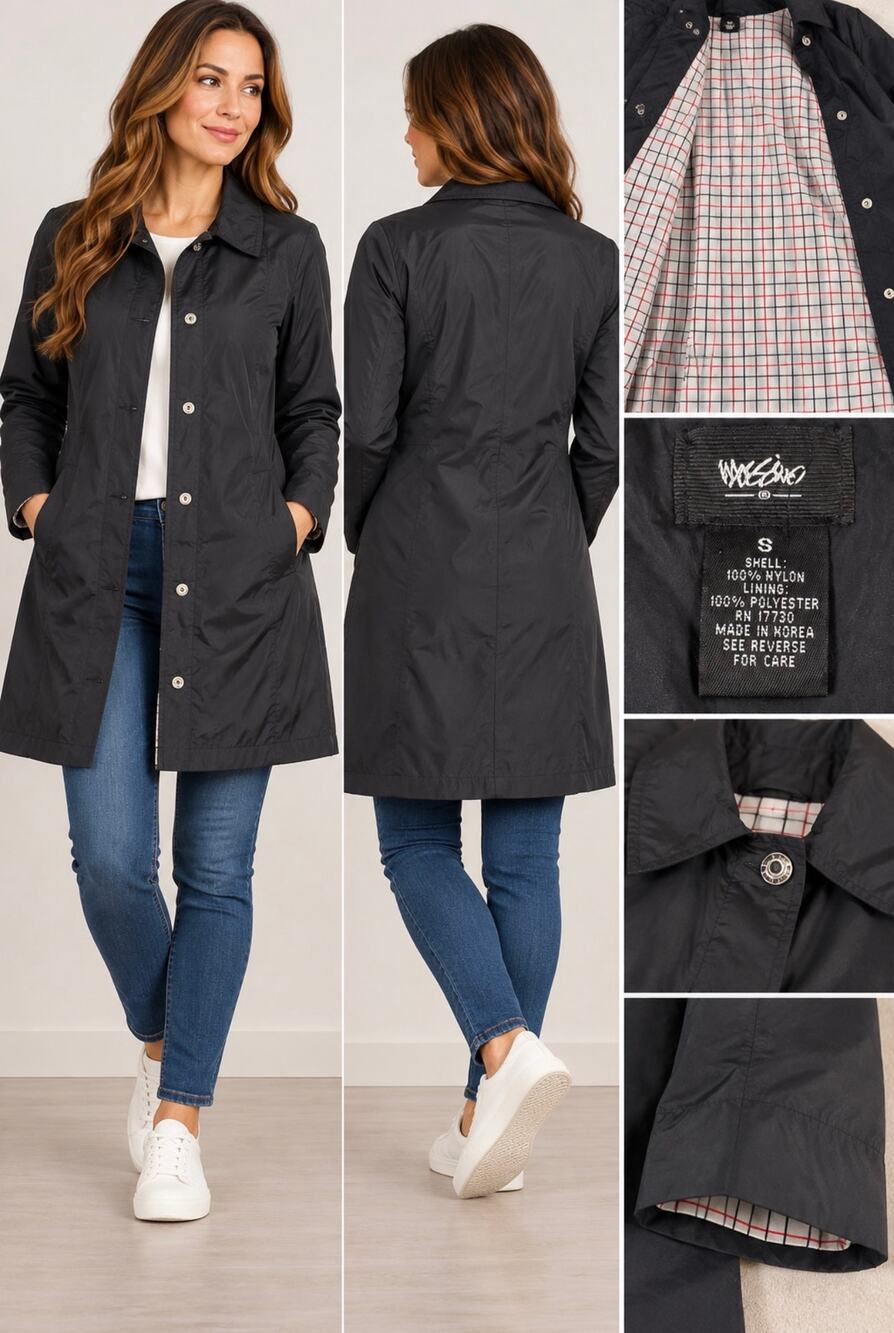 Mossimo Women’s Small Black Trench Rain Coat Plaid Lined Lightweight Y2K